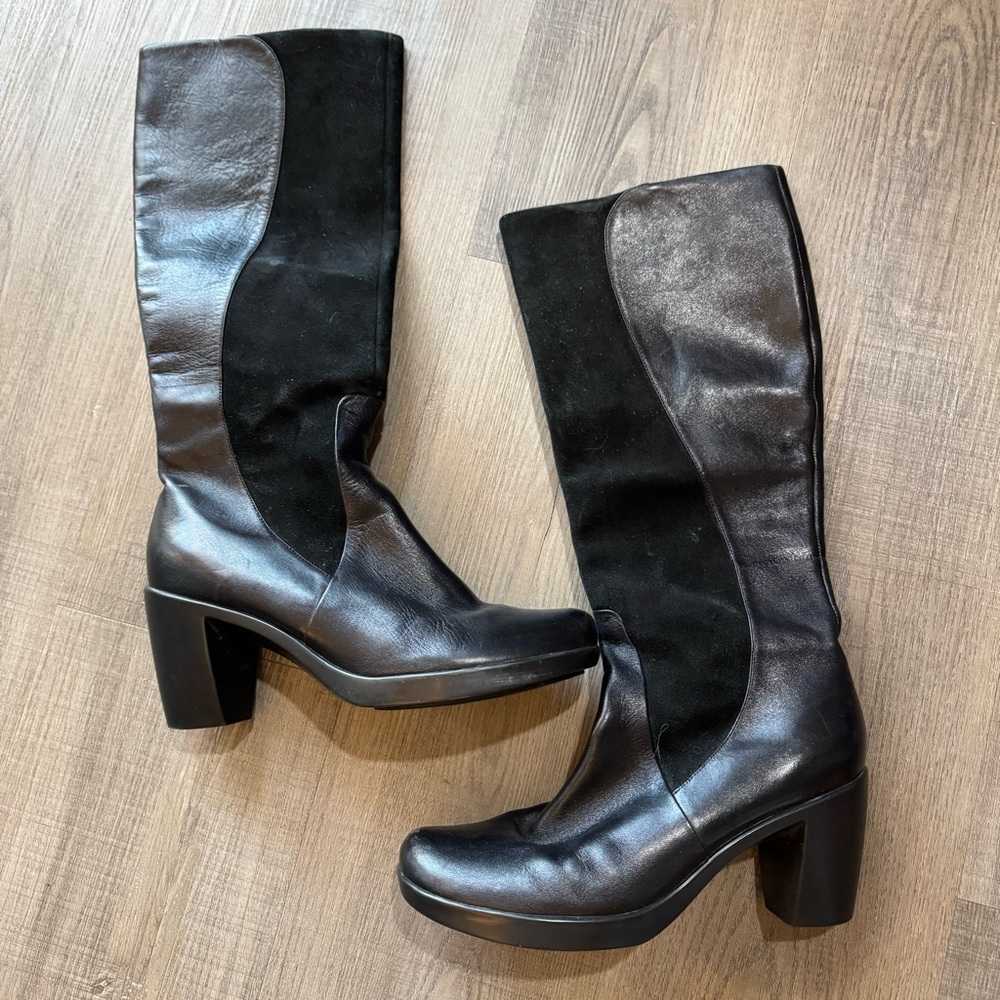 Dansko black leather/suede calf height heeled boots